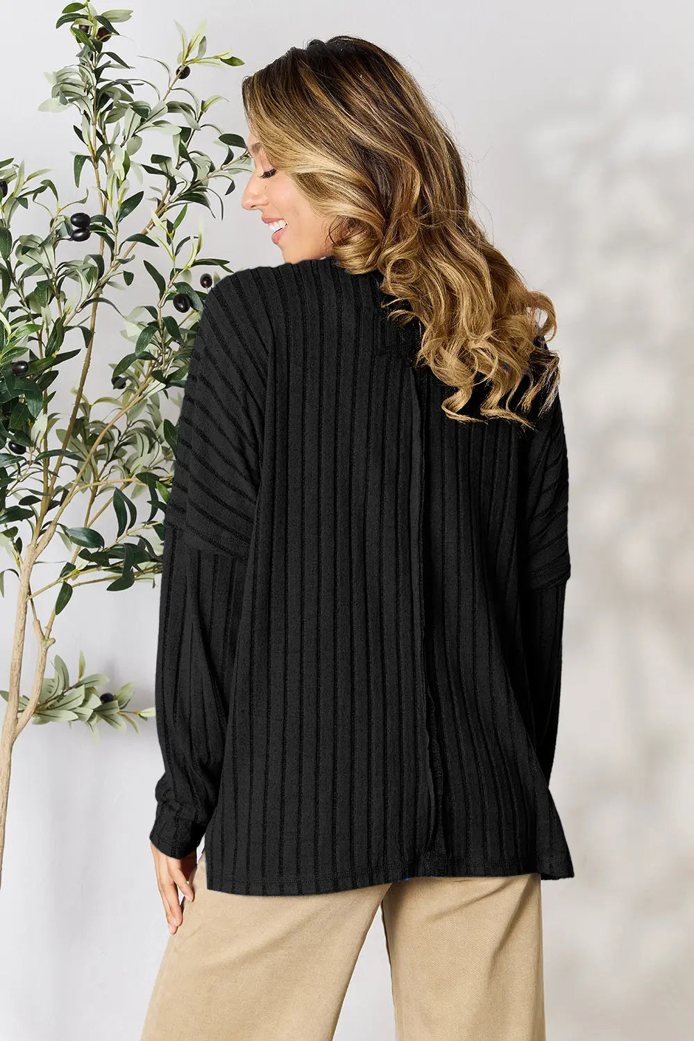 Image of Basic Bae Full Size Ribbed Round Neck Slit Knit Top | Queeble.shop