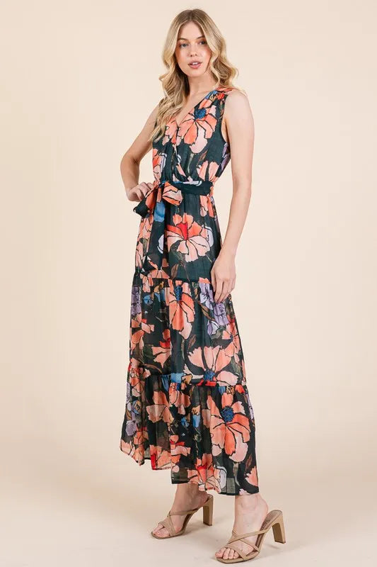 Image of Lime 'N' Chili Floral Print Sleeveless Tie Waist Maxi Dress | Queeble.shop