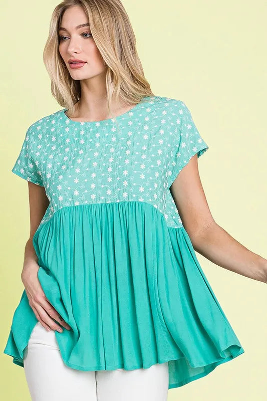 Image of Lime 'N' Chili Full Size Embroidered Short Sleeve Pleated Babydoll Top Plus Size | Queeble.shop