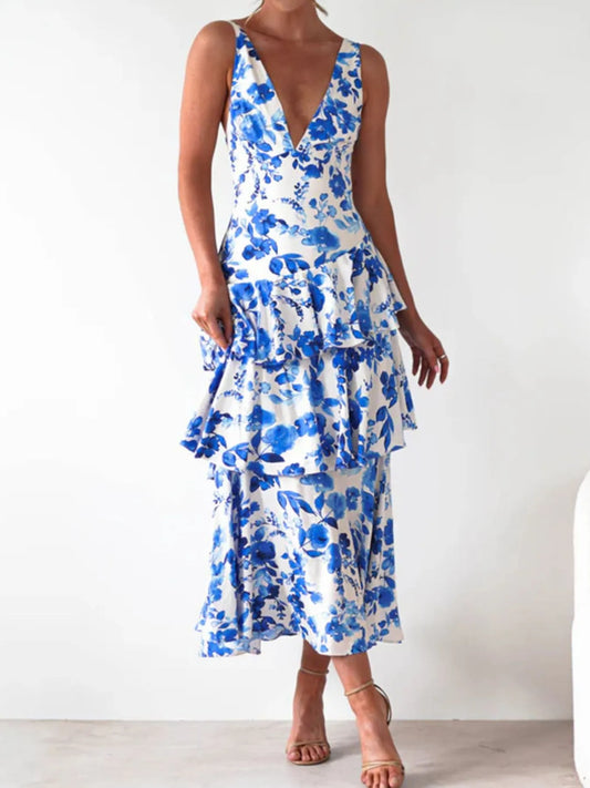 Image of Ruffled Layered Floral Deep V-Neck Dress | Queeble.shop