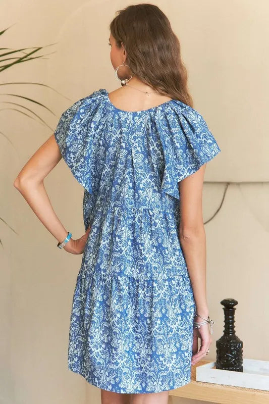 Image of ADORA Printed V-Neck Ruffle Sleeve Mini Dress | Queeble.shop