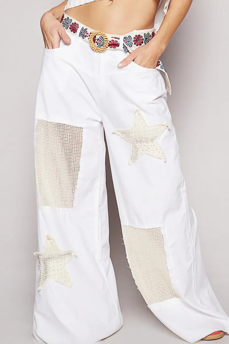 Image of POL Raw Hem Star Patch Wide Leg Pants | Queeble.shop