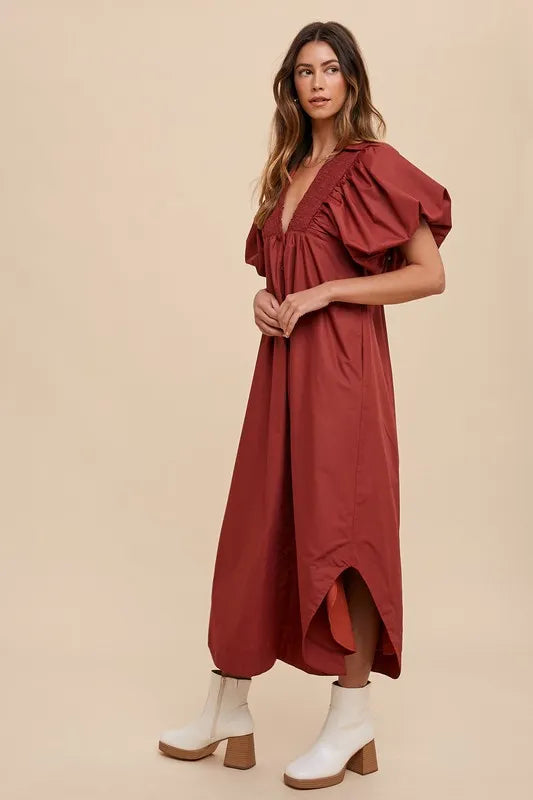 Image of Annie Wear Smocked Puff Sleeve Midi Dress | Queeble.shop