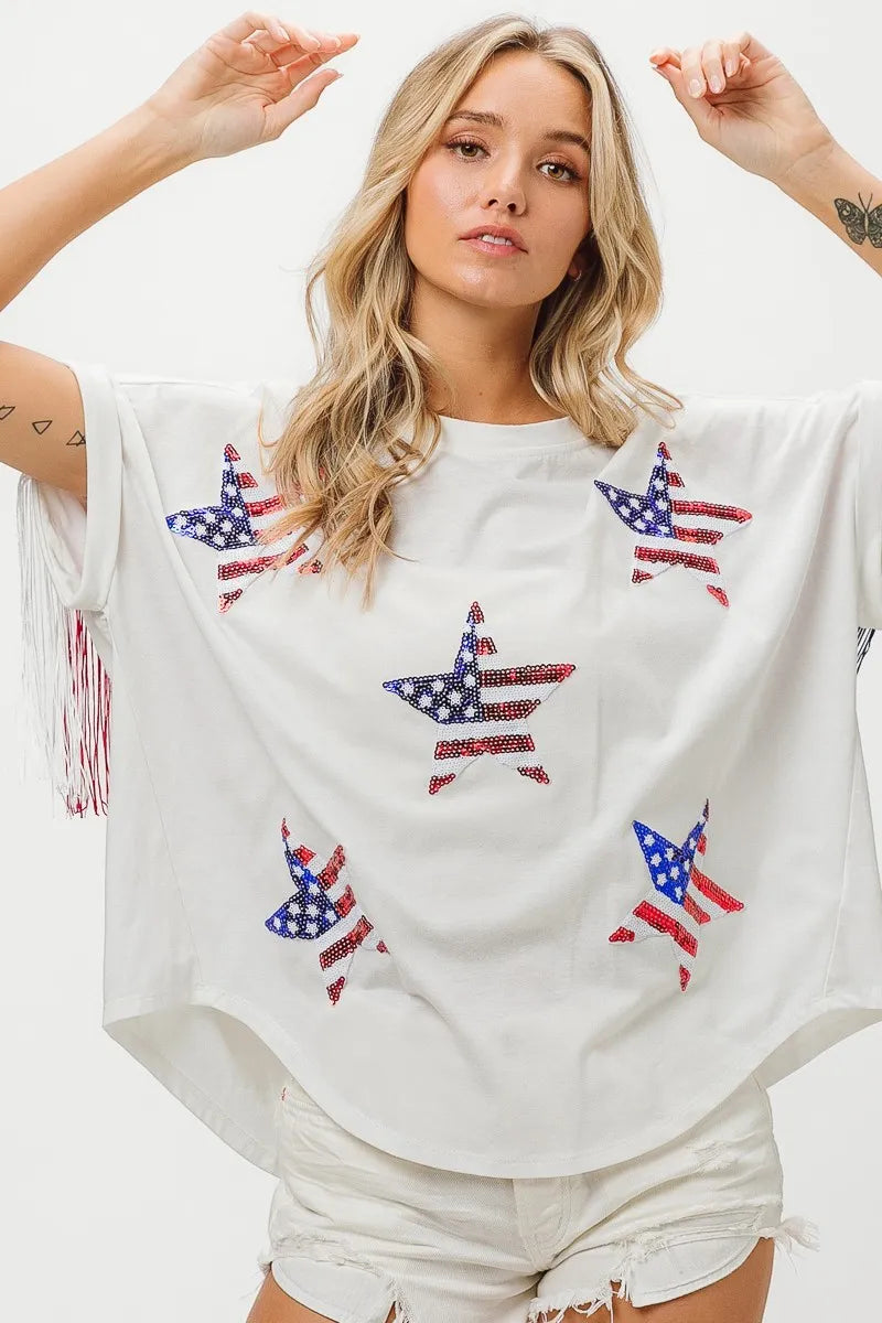 Image of BiBi American Flag Sequin Star Fringe Top | Queeble.shop
