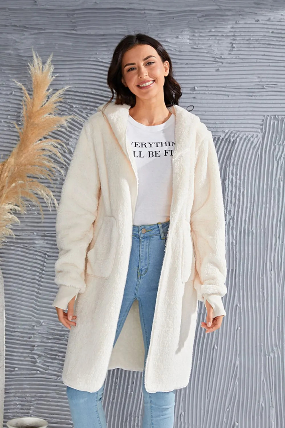 Image of Double Take Full Size Hooded Teddy Bear Jacket with Thumbholes | Queeble.shop
