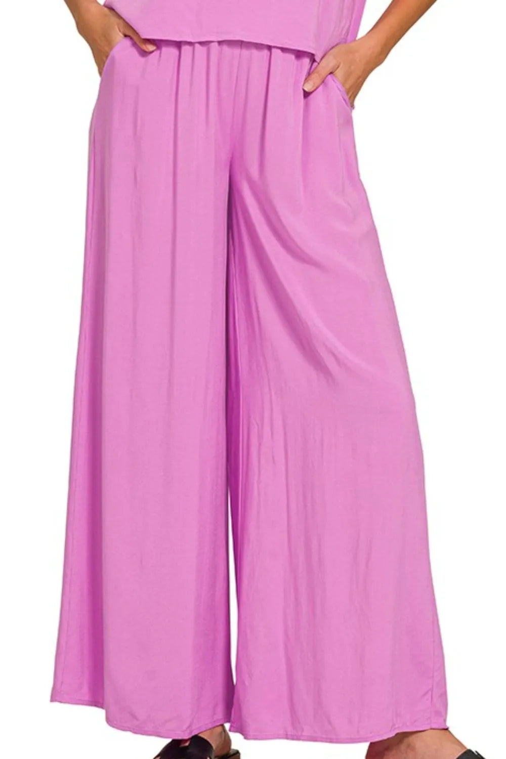 Image of Zenana Round Neck T-Shirt and Wide Leg Pants Set | Queeble.shop