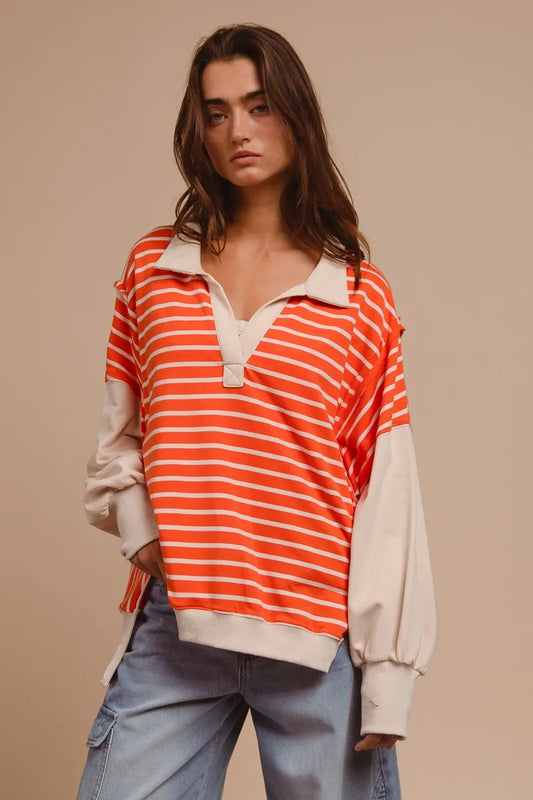 Image of BiBi Stripe Knit Loose Fit Top With Cut Edge Detail | Queeble.shop