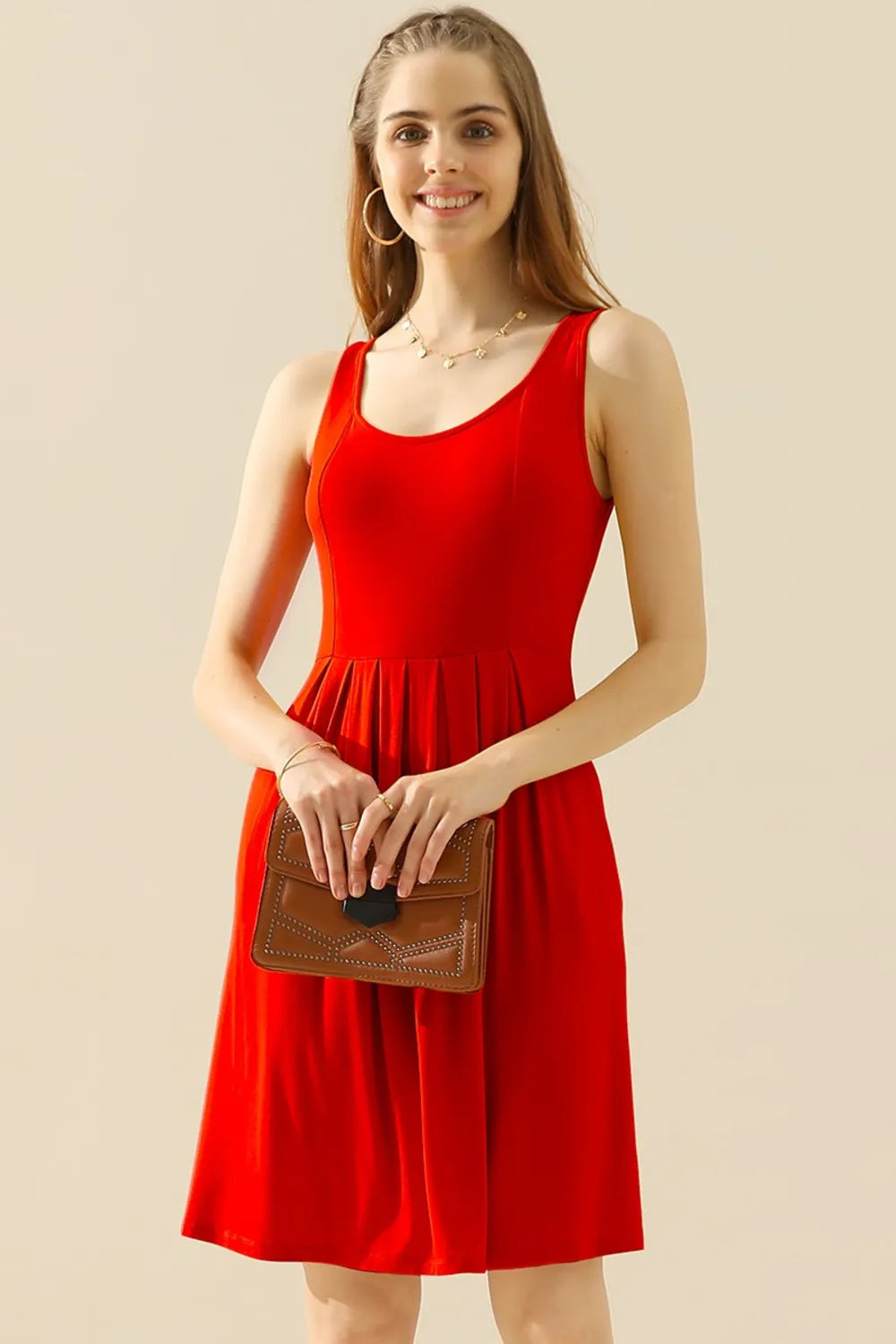 Image of Doublju Full Size Round Neck Ruched Sleeveless Dress with Pockets | Queeble.shop