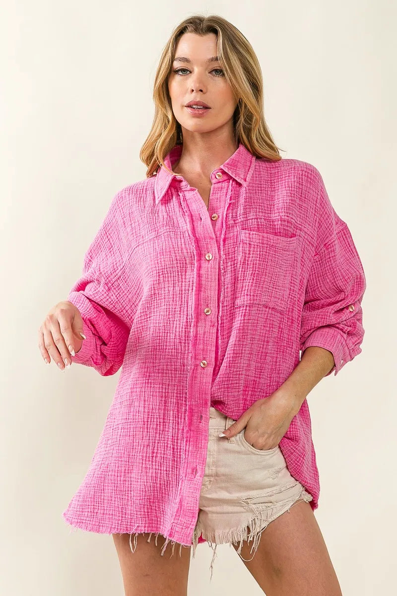 Image of BiBi Raw Edge Detailed Mineral Washed Loose Fit Shirt | Queeble.shop