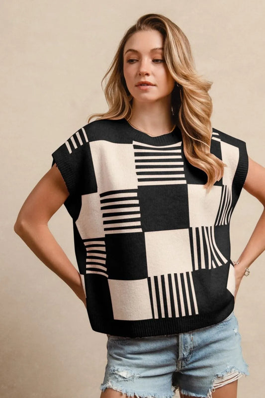 Image of BiBi Checker With Stripes Pattern Sleeveless Sweater | Queeble.shop
