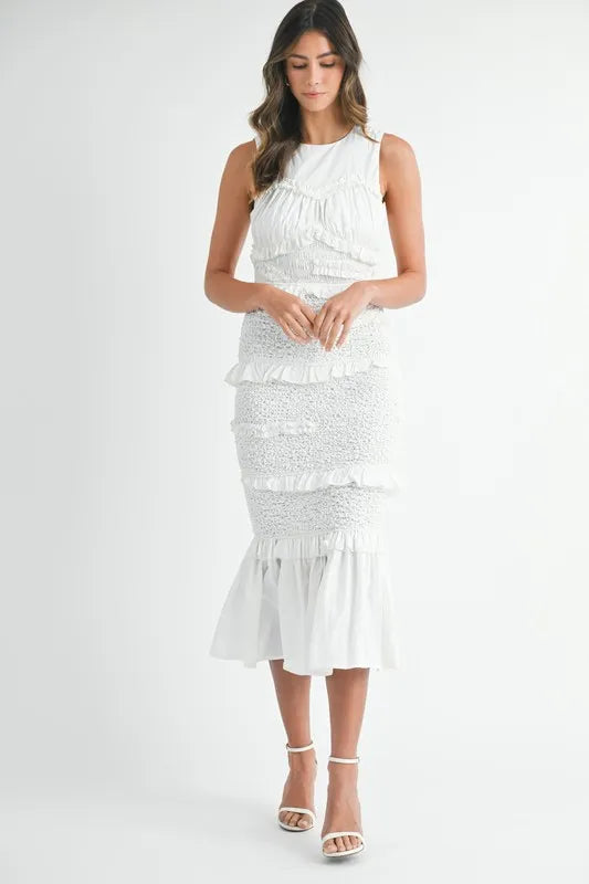 Image of MABLE Ruffled Popcorn Smocked Mermaid Midi Dress | Queeble.shop