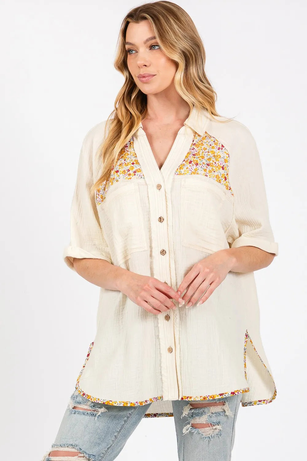 Image of SAGE + FIG Full Size Floral Detail Button Up Short Sleeve Shirt | Queeble.shop