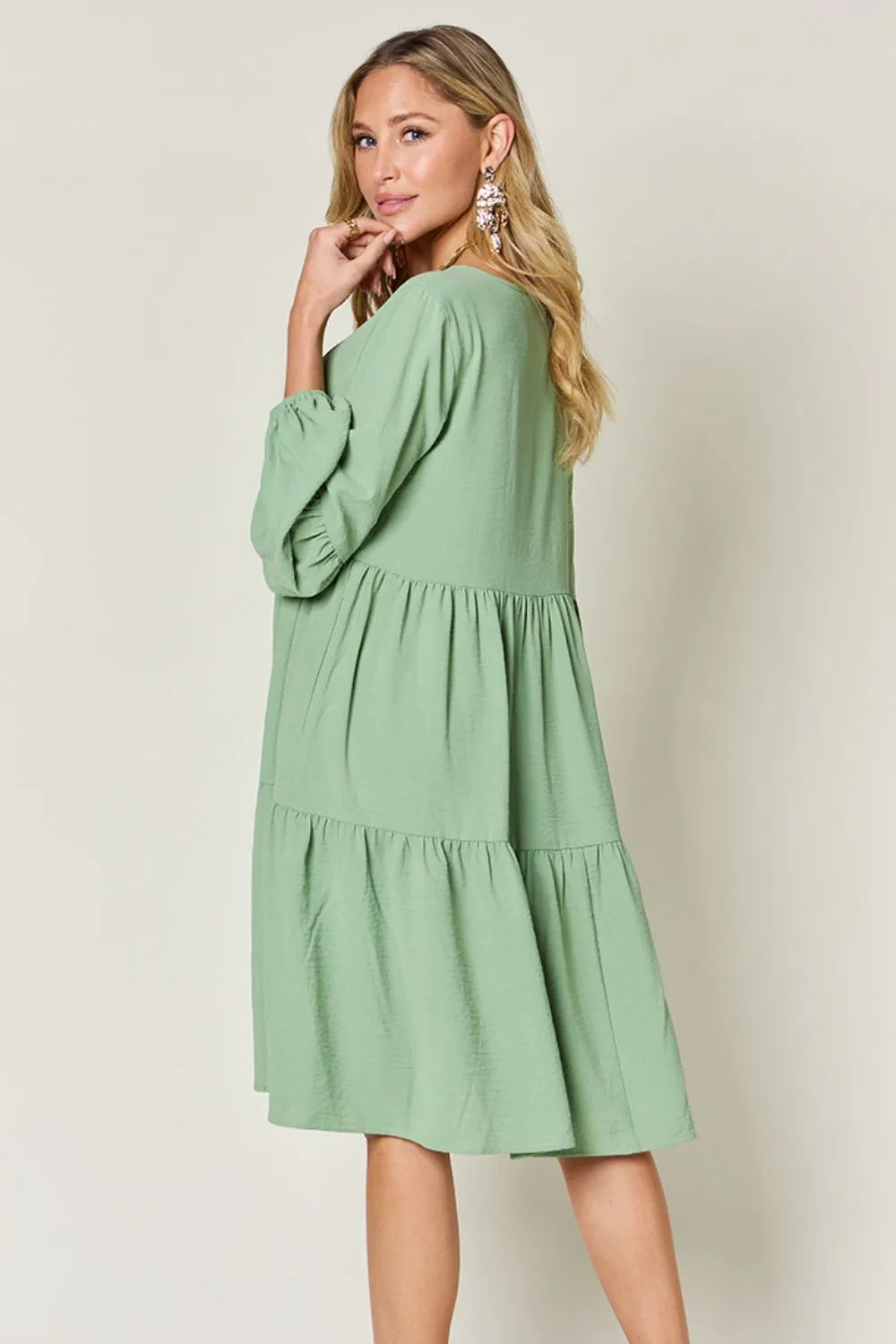 Image of Double Take Full Size V-Neck Balloon Sleeve Tiered Dress with Pockets | Queeble.shop