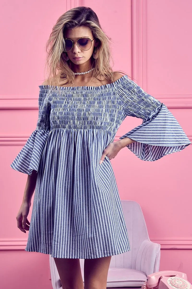 Image of BiBi Smocked Off Shoulder Striped Dress | Queeble.shop