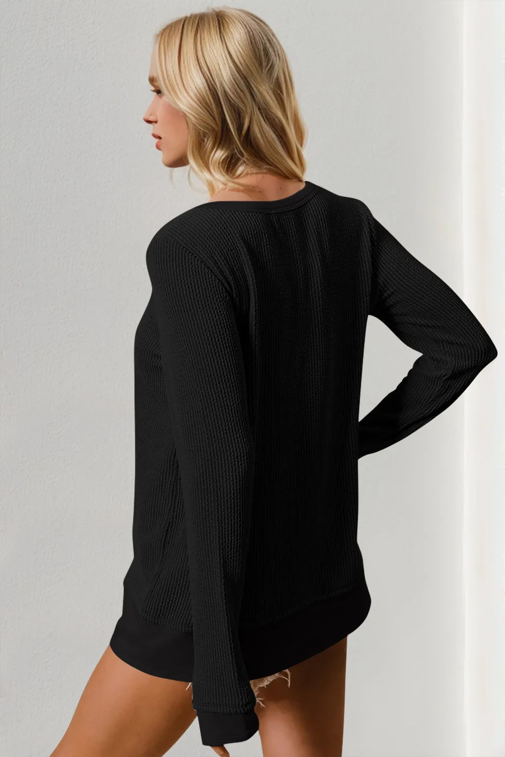Image of Double Take Corded Rib Thumbhole Cuff Round Neck T-Shirt | Queeble.shop