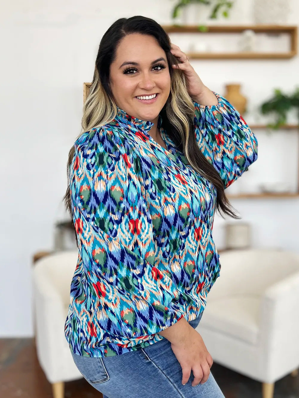 Image of Double Take Full Size Printed Balloon Sleeve Blouse | Queeble.shop