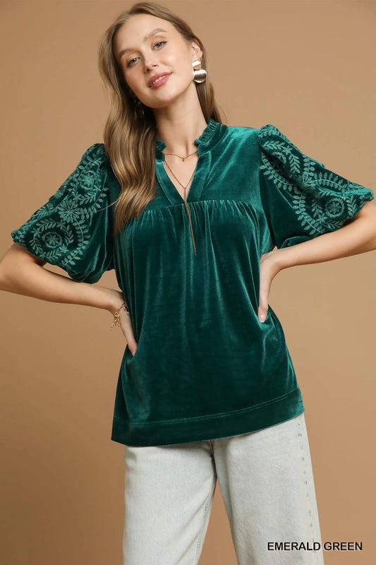 Image of Umgee Velvet Embroidered Sleeve Blouse | Queeble.shop