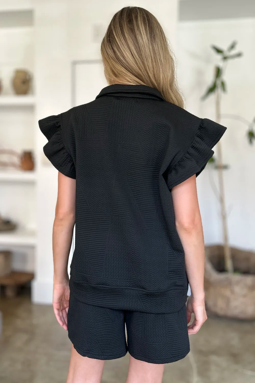 Image of Double Take Full Size Texture Flounce Sleeve Top and Shorts Set | Queeble.shop
