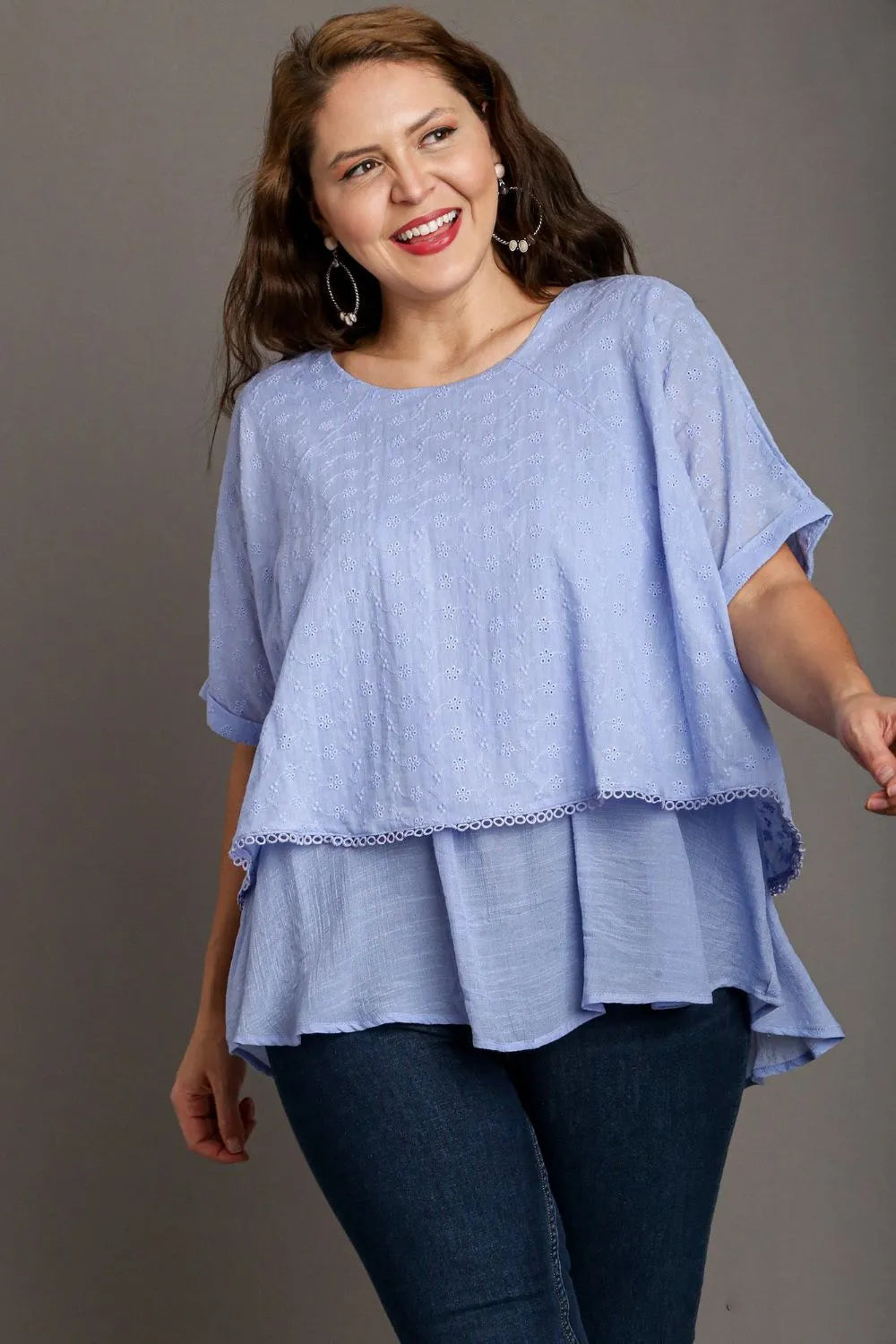 Image of Umgee Full Size Eyelet Layered Short Sleeve Blouse Plus Size | Queeble.shop