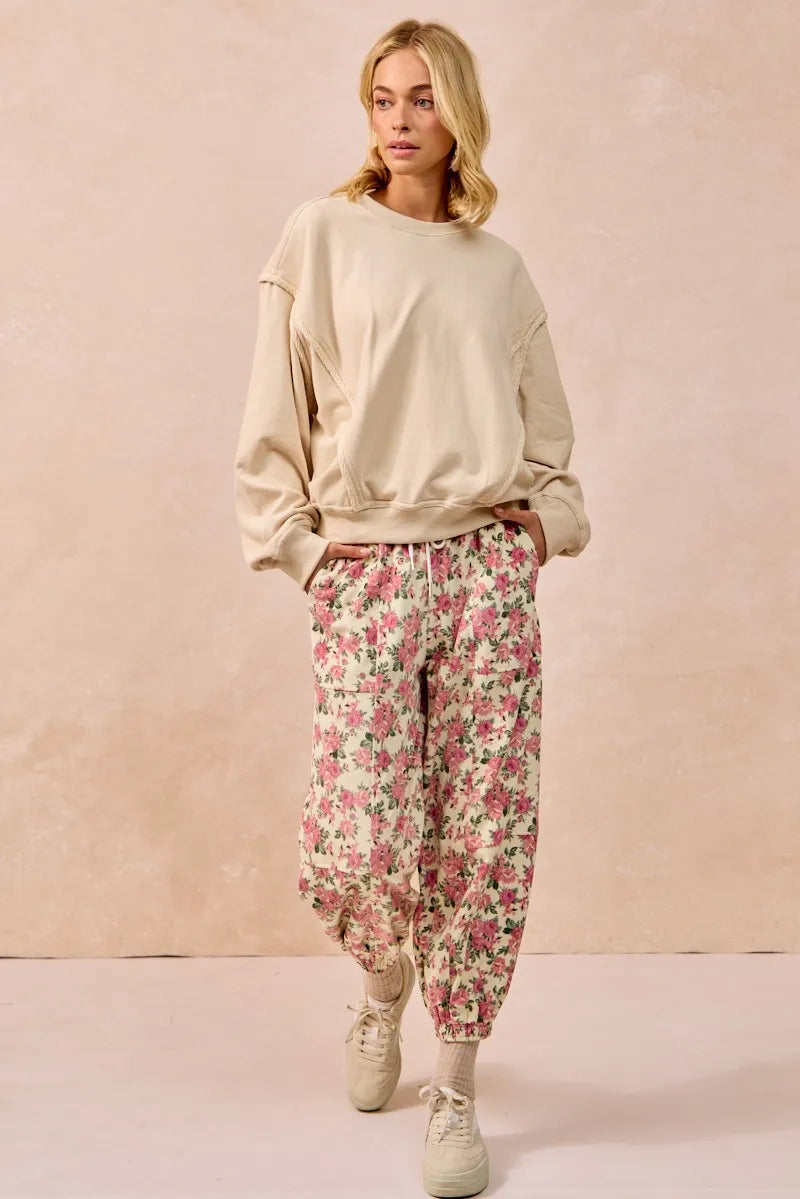 Image of BiBi Floral Printed Twill Drawstring Pants With Elastic Band | Queeble.shop