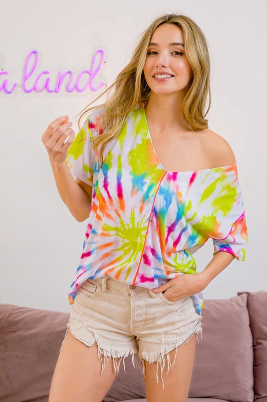 Image of BiBi Tie Dye Print Jersey Stitched V Neck Top | Queeble.shop