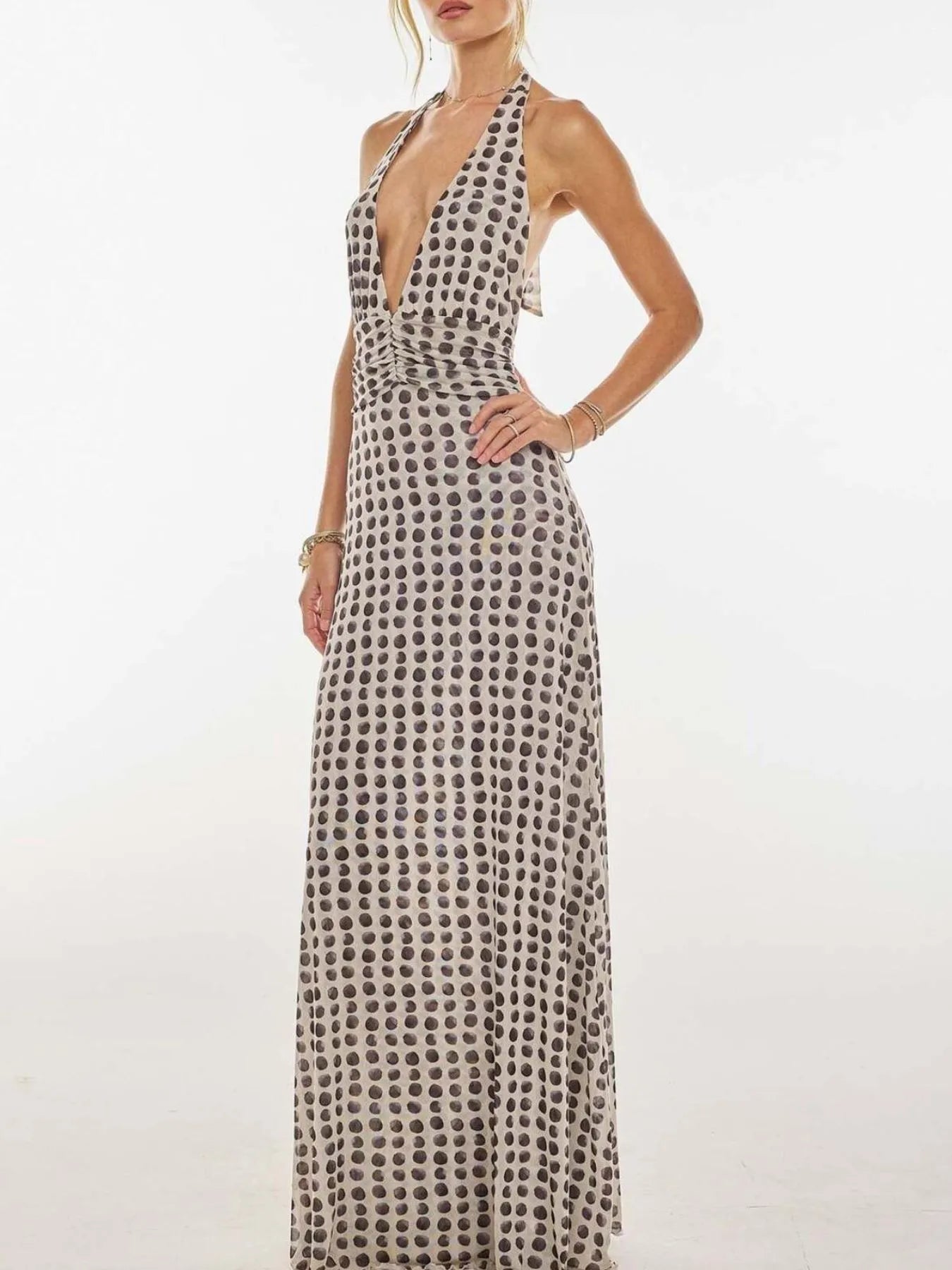 Image of Floral Halter Neck Deep V Maxi Dress | Queeble.shop