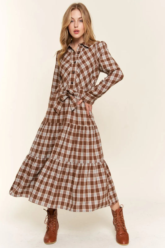 Image of And the Why Plaid Tiered Midi Shirt Dress | Queeble.shop