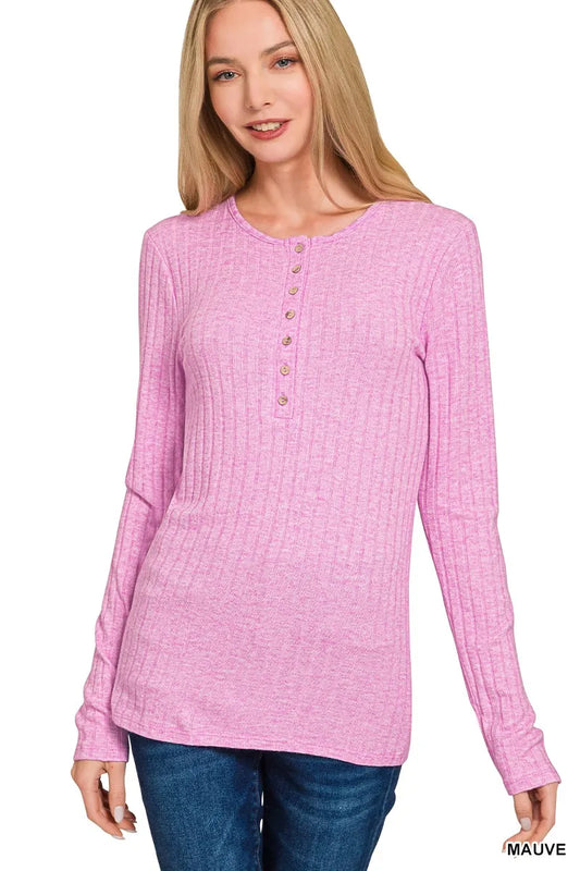 Image of Zenana Ribbed Long Sleeve Half Button Top | Queeble.shop