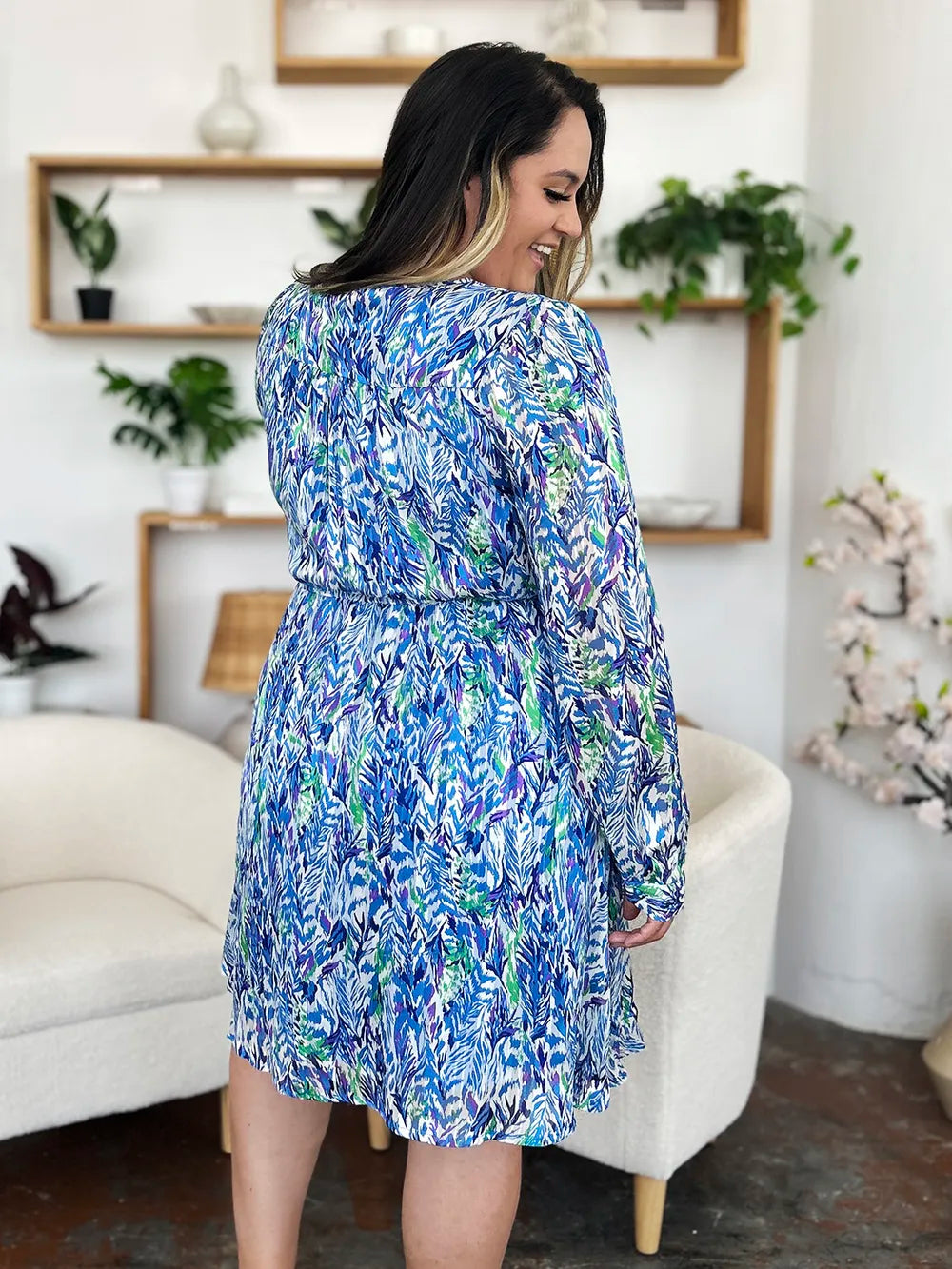 Image of Double Take Full Size Printed Drawstring Waist Long Sleeve Dress | Queeble.shop
