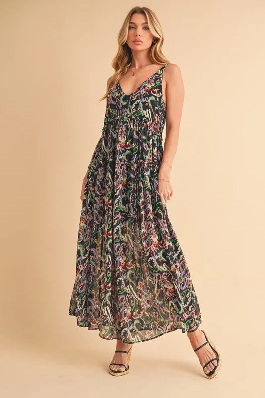 Image of Aemi + Co Printed V-Neck Frill Tiered Cami Dress | Queeble.shop