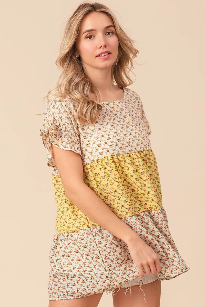 Image of BiBi Flroal Printed Woven Color Block and Tiered Top | Queeble.shop