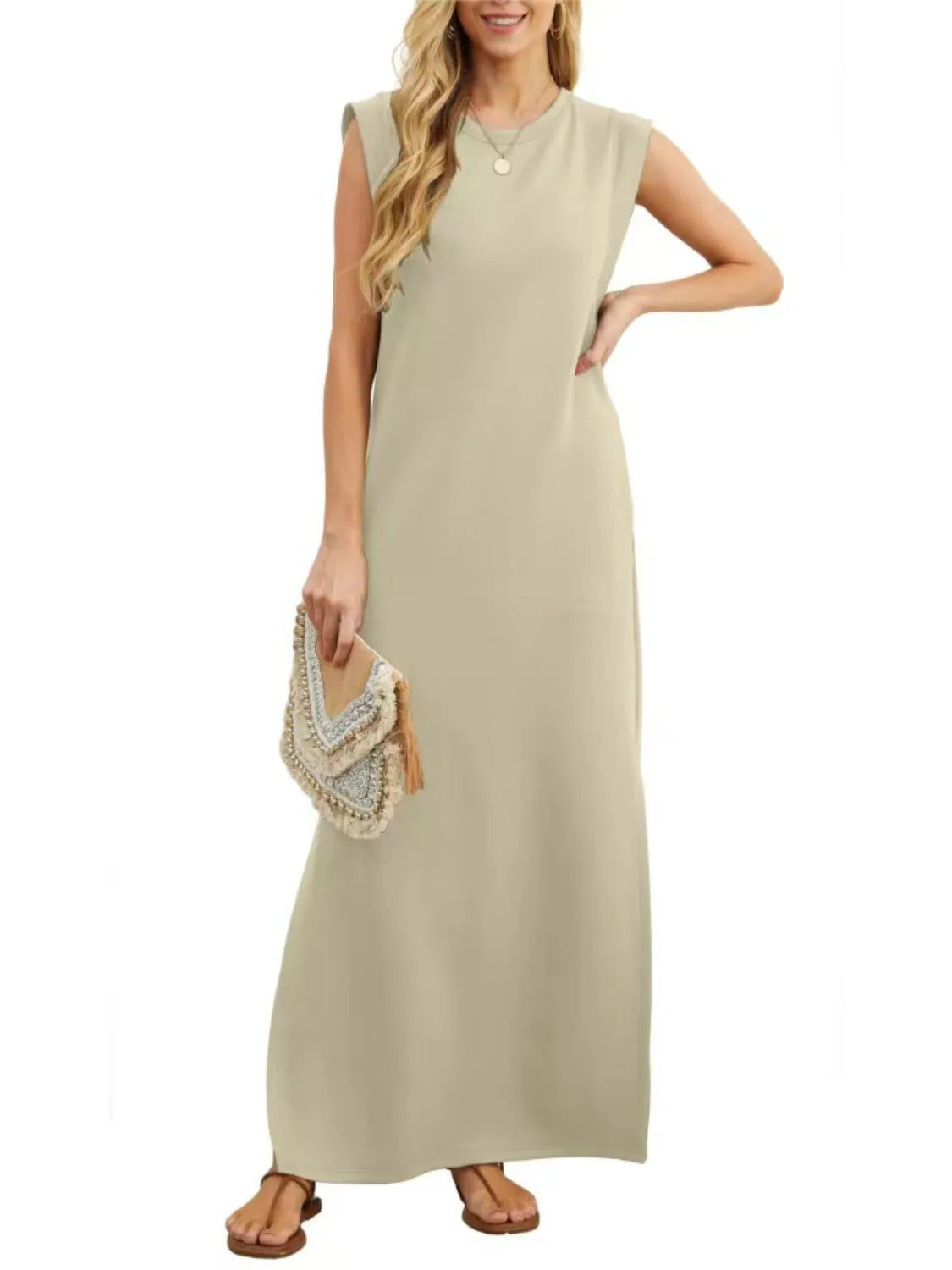 Image of Full Size Slit Round Neck Sleeveless Maxi Tank Dress Plus Size | Queeble.shop