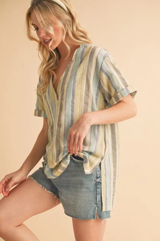 Image of Aemi+Co Side Slit Striped Short Sleeve Blouse | Queeble.shop