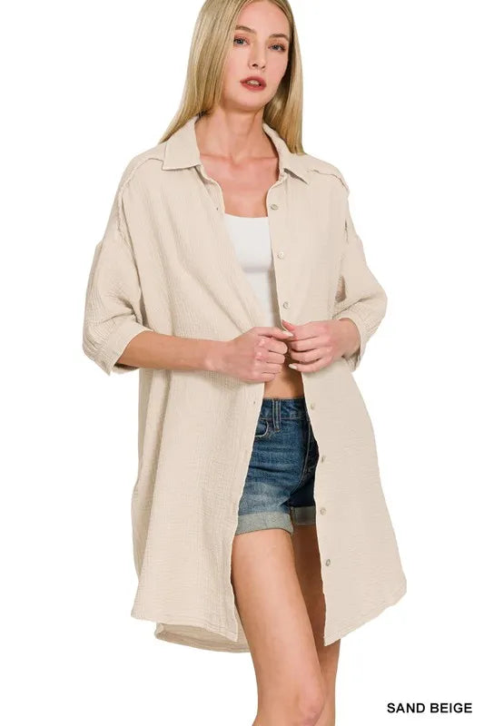 Image of Zenana Washed Double Gauze Button Down Shirt Dress | Queeble.shop