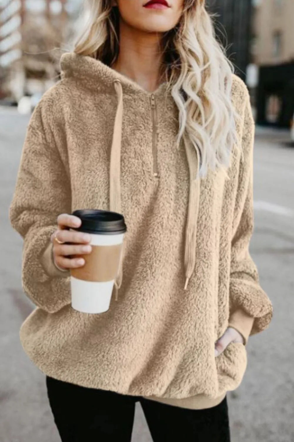 Image of Full Size Quarter-Zip Drawstring Teddy Hoodie | Queeble.shop