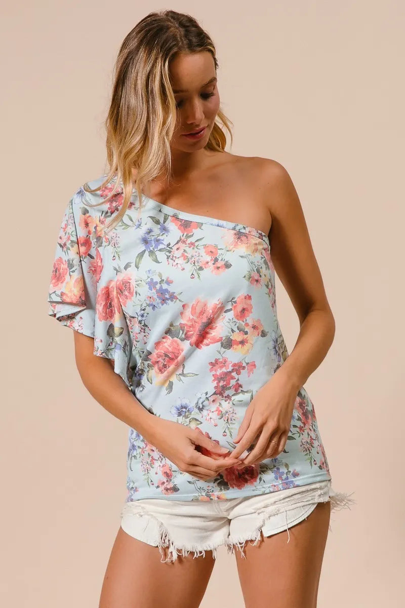 Image of BiBi Floral Printed Jersey Knit Ruffle Sleeve Top | Queeble.shop