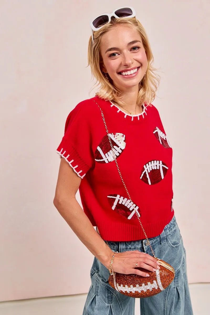Image of BiBi Gameday Sequin Football Embroidered Stitch Sweater | Queeble.shop