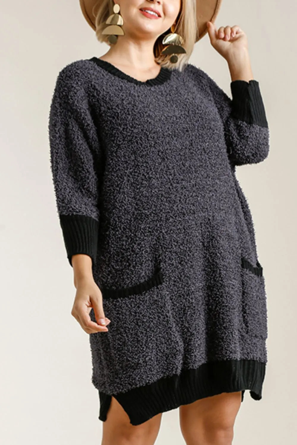 Image of Umgee Full Size Ribbed Hem Round Neck 3/4 Sleeve Sweater Dress with Pockets Plus Size | Queeble.shop