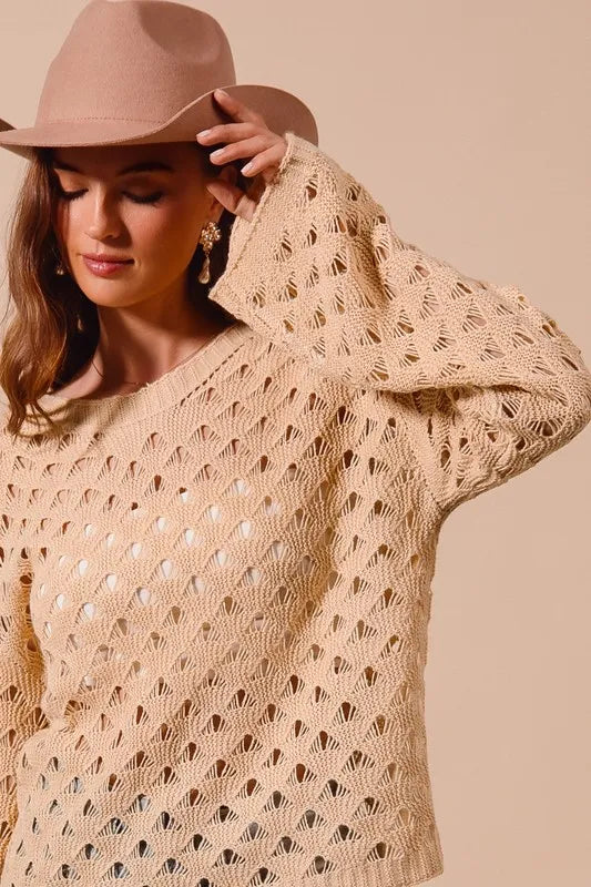 Image of SO ME Geometric Pattern Open Knit Lightweight Sweater | Queeble.shop