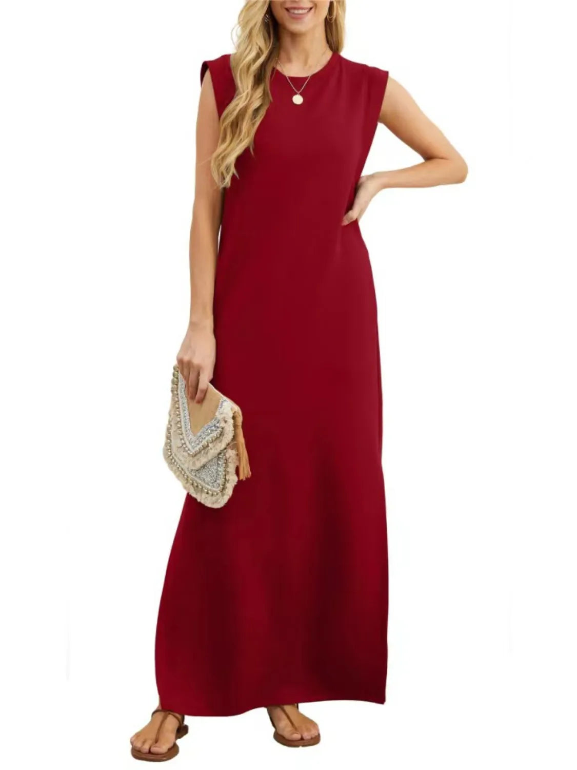 Image of Full Size Slit Round Neck Sleeveless Maxi Tank Dress Plus Size | Queeble.shop