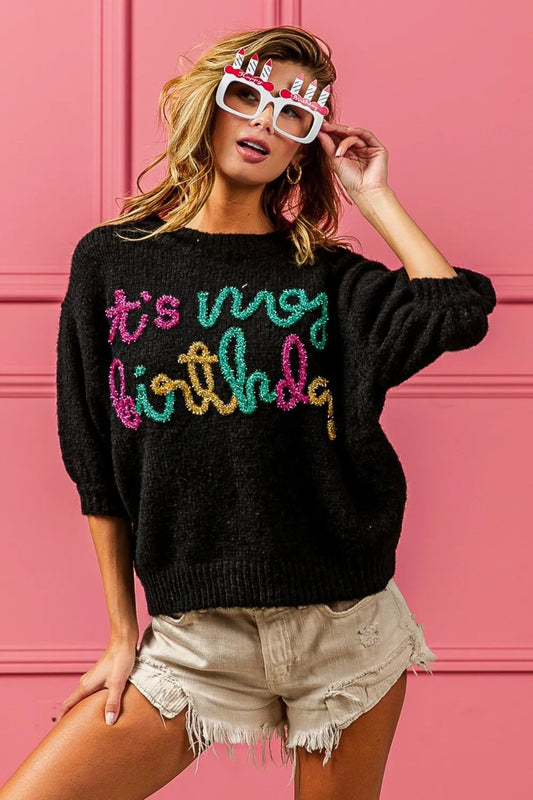 Image of BiBi Metallic Letter Puff Sleeve Hairy Sweater | Queeble.shop