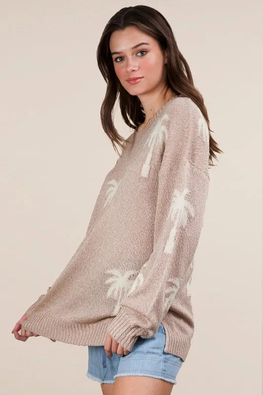 Image of VERY J Palm Tree Graphic Oversized Knit Sweater | Queeble.shop