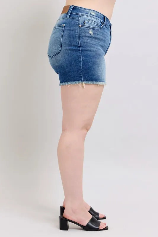 Image of Judy Blue Full Size V-Front Denim Shorts with Shield Pockets Plus Size | Queeble.shop
