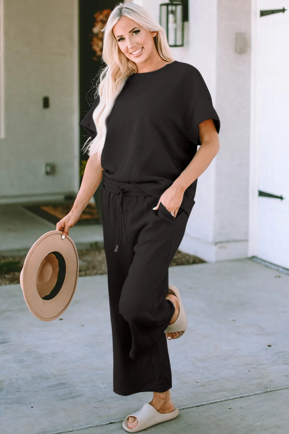 Image of Double Take Full Size Texture Short Sleeve Top and Pants Set | Queeble.shop