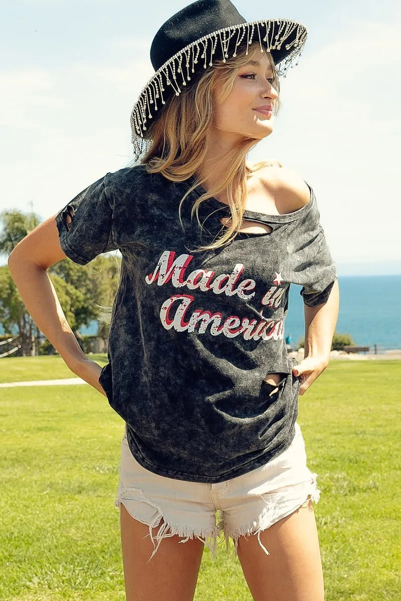 Image of BiBi Laser Cut Mineral Washed America Print Top | Queeble.shop