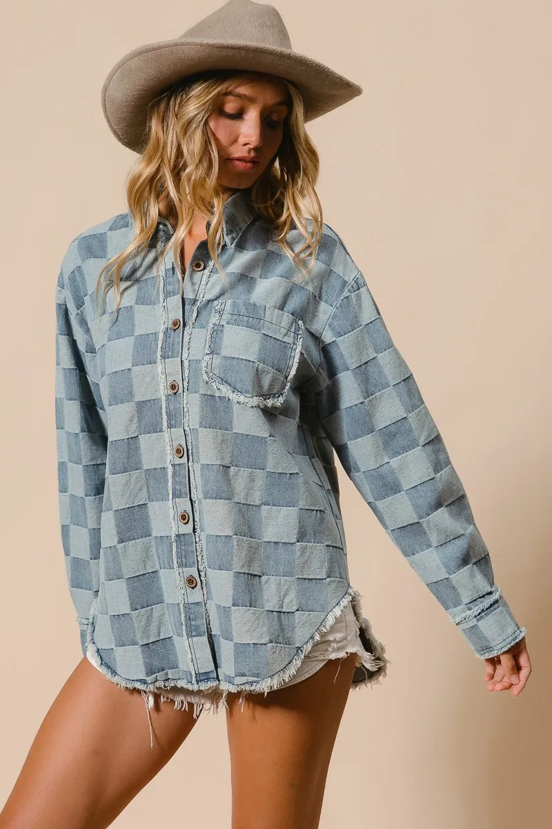 Image of BiBi Frayed Edged Detail Washed Checker Denim Shirt | Queeble.shop