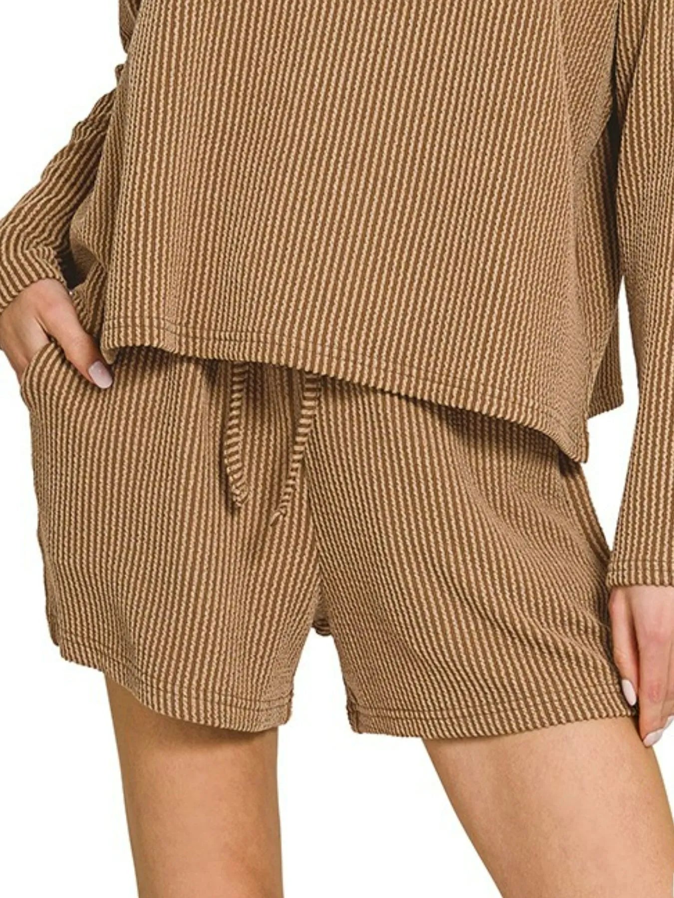Image of Zenana Corded Rib Long Sleeve Tee and Shorts Set | Queeble.shop