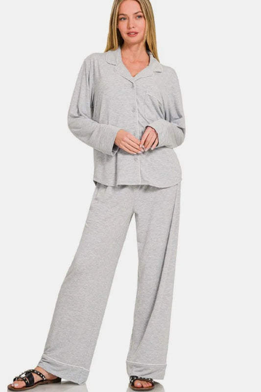 Image of Zenana Button Down Long Sleeve Top and Pants Lounge Set | Queeble.shop