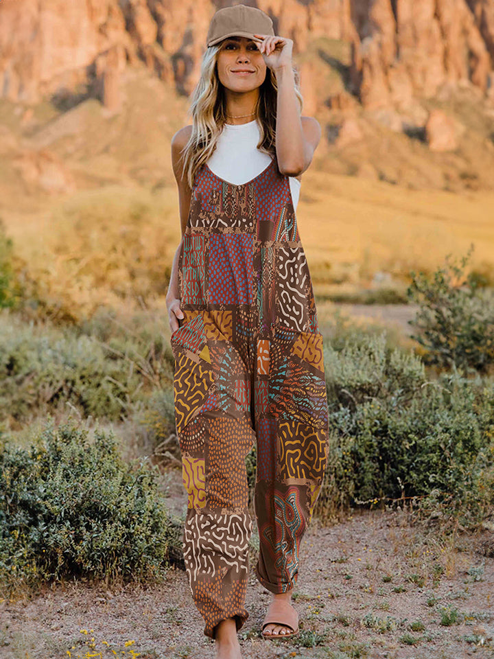Image of Double Take Full Size Printed V-Neck Sleeveless Jumpsuit | Queeble.shop