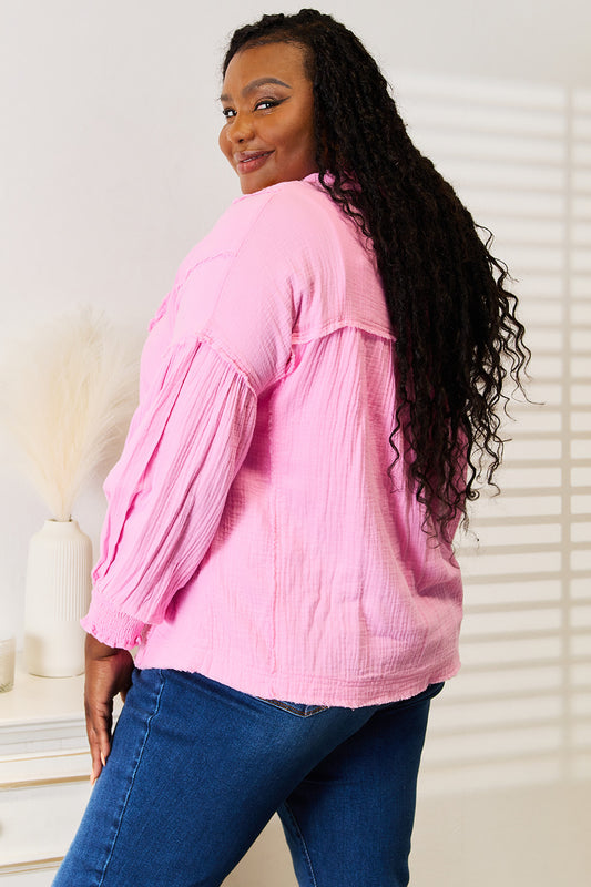 Image of Double Take Exposed Seam Buttoned Notched Neck Blouse | Queeble.shop